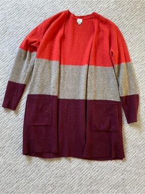 a new day Red, Gray & Burgundy Long Open-Front Colorblock Cardigan